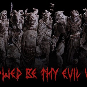 May include: A collection of 12 detailed, gray, miniature figures of various fantasy creatures, including a demon, a goblin, and a skeletal warrior. The figures are arranged in a row and are set against a black background. The text "HALLOWED BE THY EVIL VOL. II" is printed in red at the bottom of the image.