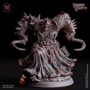 May include: A detailed miniature of a Hell Priest, painted in a copper color. The figure is wearing a long robe with a chain belt and a skull pendant. The priest is holding a hook in each hand and has a large axe on their hip. The miniature is set on a 50 mm base.