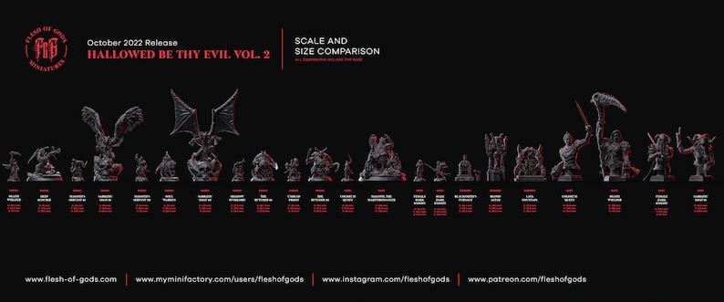 May include: Scale and size comparison of miniature figures from the October 2022 release of Hallowed Be Thy Evil Vol. 2 by Flesh of Gods Miniatures. The figures are all in grayscale and are arranged in a row from left to right.