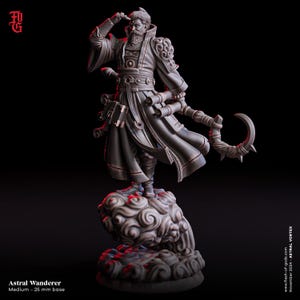 May include: A detailed, gray miniature figure of an Astral Wanderer, standing on a cloud-like base. The figure is dressed in a long coat and holds a crescent-shaped weapon. The base is 25 mm. The figure is from the Astral Vortex collection.