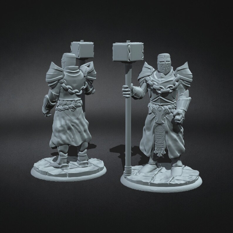 May include: A grey plastic miniature figurine of a knight wearing armour and holding a large hammer. The knight is standing on a round base.