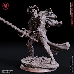 May include: A detailed miniature of a dark knight in full armor, holding a sword with a skull-shaped hilt. The knight stands on a base with skulls and bones, and is wearing a flowing black cape. The miniature is made of a dark gray plastic and is approximately 25 mm tall.