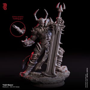 May include: A detailed miniature figurine of a dark gray, armored warrior holding a large, black sword. The warrior has horns and a skull-like face. The figurine is standing on a gray, rocky base. The text "Void Slayer" and "Medium - 25 mm base" is printed below the figurine.