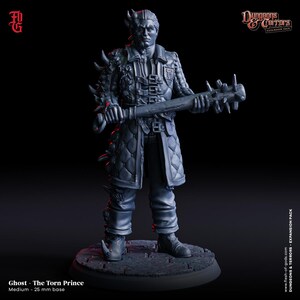 May include: A grey painted miniature figure of a ghost with a torn face and a spiked club. The figure is wearing a long coat and has a skull-like head. The figure is standing on a round base. The text "Ghost - The Torn Prince" and "Medium - 25 mm base" is printed below the figure.