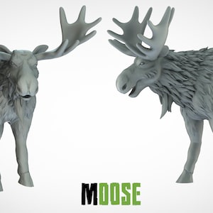 May include: A 3D printed model of a moose, featuring a detailed, textured fur pattern. The model is shown from two different angles, highlighting the intricate details of the antlers and the realistic depiction of the animal's features.