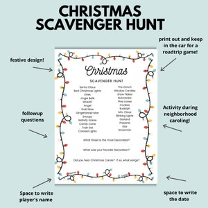 Christmas Scavenger Hunt, Holiday Scavenger Hunt, Holiday Car game, Christmas Road Trip Game, Scavenger hunt with Kids, Caroling Game