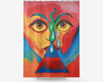 Peut inclure: Rideau de douche vibrant avec un visage abstrait aux grands yeux jaunes, un nez vert et des larmes bleues. Une forme de volcan rouge et bleu est en dessous de la bouche. Le fond est un mélange de rouge, d'orange et de bleu.