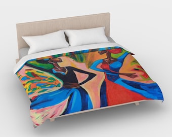 May include: A colorful abstract painting of two women dancing. The women are wearing blue and red dresses and have dark skin. The background is a mix of yellow, orange, and green.