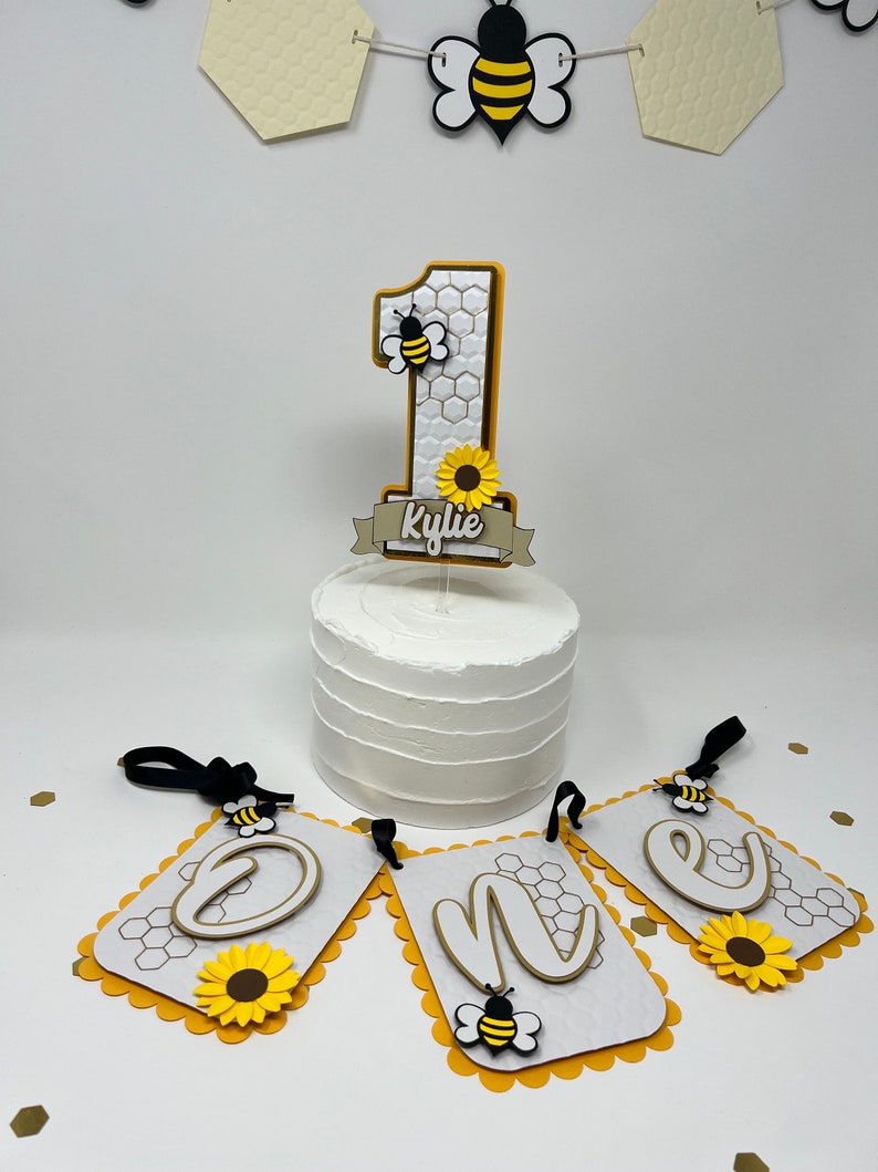 Bee First Birthday Cake Topper: 3D Honeycomb & Sunflower image 2