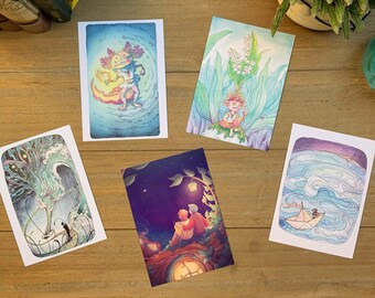 Pack of 5 illustrated cards - postcard format - magical and fantastic universe