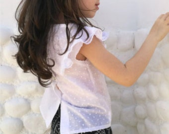 White girl's blouse, ruffled sleeveless blouse, white top for girl, cool cotton shirt for girl, organic cotton shirt.