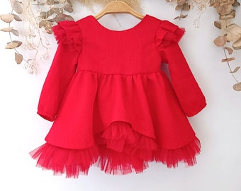 Robe de fille de fleur de bébé à manches longues, robe de bébé fille Tutu rouge, robe de bébé pour le mariage, robe d’anniversaire Cake Smash, robe de fille de fleur.