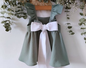 Baby Flower Girl Dress, Birthday Dress, Sage green boho girl dress, ruffled muslin dress baby.