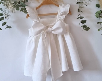 Linen flower baby girl dress in white or ivory for wedding, confirmation, baptism.