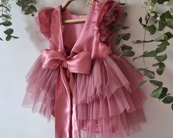 Birthday dress baby girls dusty pink, princess dress for baby girls, wedding dress tulle baby girl, baby girls party dress tutu.