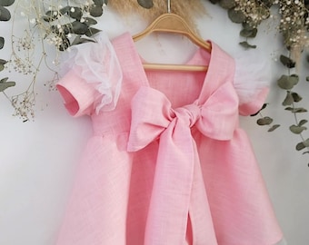 Robe de bébé fille occasion spéciale, robes de bébé fille rose poussiéreux, robe de premier anniversaire, robe de princesse bébé, robe de bébé fille en lin rose.