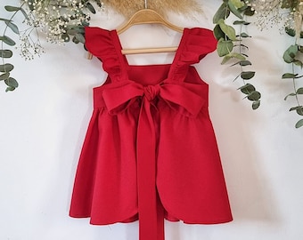 Red linen dress baby girl, boho flower girl dress, apron dress, dress with ruffles, dress for photography girls.