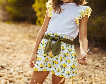 Kids yellow skirt, elastic waist skirt, cotton skirt with lemon print, moss green bow skirt, perfect skirt for summer, short skirt for girls