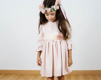 Dusty pink flower girl dress, flower girl dress with sleeves for girls, soft bohemian tulle bow dress, pink gold flower girl dress
