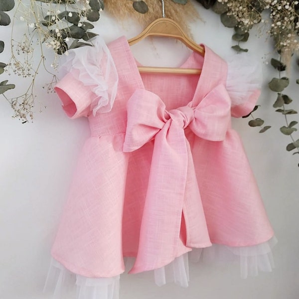 Baby girl dress special occasion, dusty pink baby girl dresses, first Birthday Dress, baby princess dress, pink linen baby Girl Dress.