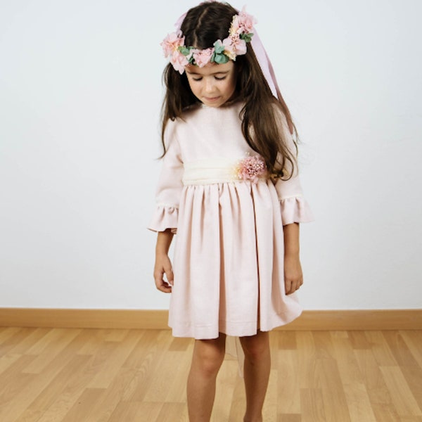 Dusty pink flower girl dress, flower girl dress with sleeves for girls, soft bohemian tulle bow dress, pink gold flower girl dress