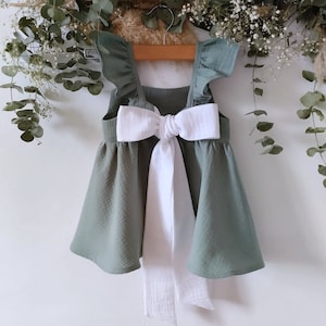 Baby Flower Girl Dress, Birthday Dress, Sage green boho girl dress, ruffled muslin dress baby.