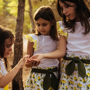 Short skirt for girl, Baby Girl's green skirt, cotton skirt with bow, elastic waist skirt with a nice lemon print and moss green bow girls image 9