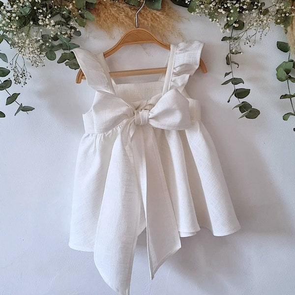 Linen flower baby girl dress in white or ivory for wedding, confirmation, baptism.