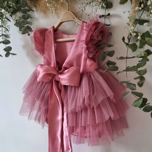 Birthday dress baby girls dusty pink, princess dress for baby girls, wedding dress tulle baby girl, baby girls party dress tutu.