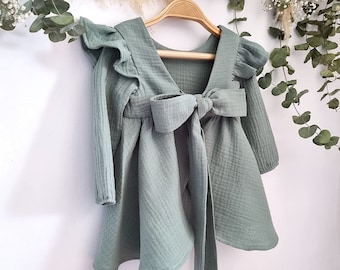 Baby girl dress 1st birthday green, green gauze dress with bishop sleeves, girls muslin dress with ruffles, dress girl spring boho.