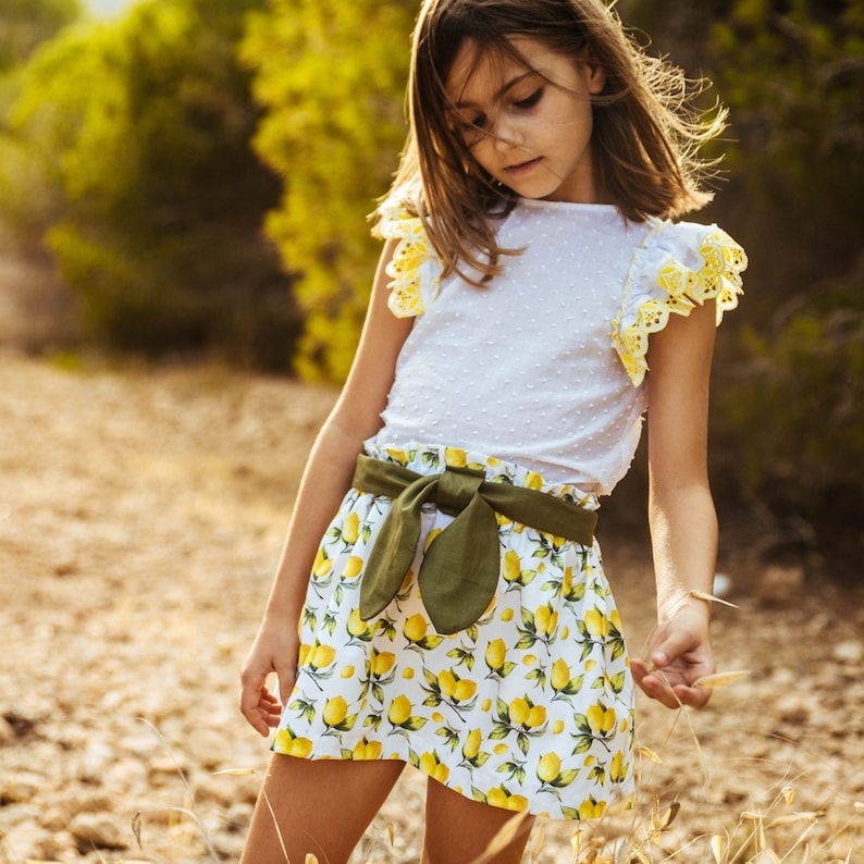 Kids yellow skirt, elastic waist skirt, cotton skirt with lemon print, moss green bow skirt, perfect skirt for summer, short skirt for girls image 1