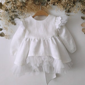 Robe de baptême en lin blanc, robe Bubble bébé fille, robe baptême baptême lin boho, Baby wedding romper, Cake smash boho tenue. image 8