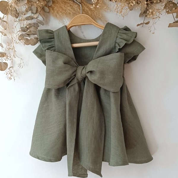 Flower girl dress sage green, Baby girl dress toddler, Boho flower girl dress baby, Baby girl dress wedding linen.