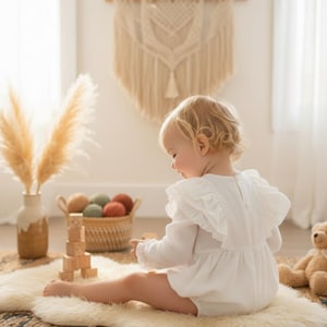 Long sleeve white linen baptism romper, winter christening romper, boho baby baptism outfit, baby church ceremony romper.