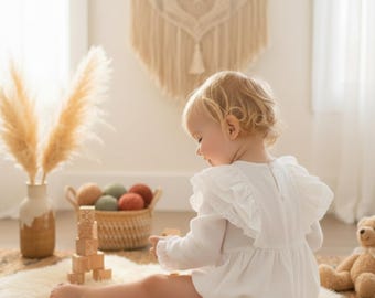 Long sleeve white linen baptism romper, winter christening romper, boho baby baptism outfit, baby church ceremony romper.