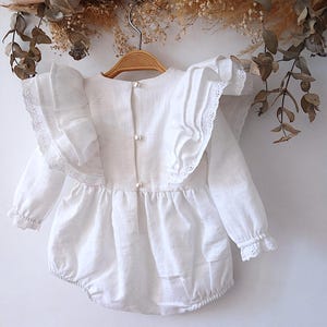 Long sleeve romper for christening, White linen baptism romper, Romper christening baptism linen boho, Baby wedding romper.