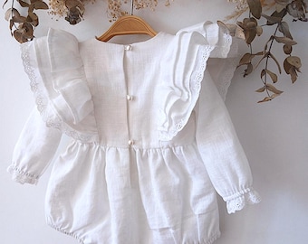 Long sleeve romper for christening, White linen baptism romper, Romper christening baptism linen boho, Baby wedding romper.