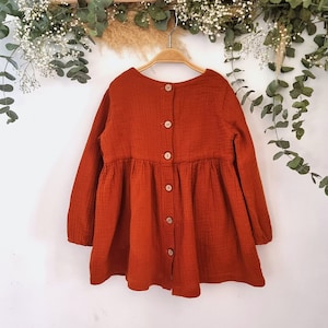 Rustic long sleeve dress for girls, Terracotta dress Girl, boho autumn dress for girls, paprika dress toddlers, organic cotton dress girls.