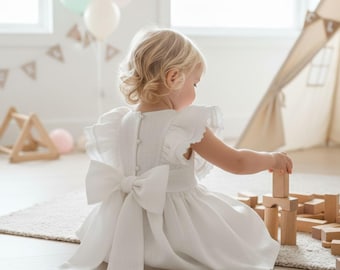 White Linen Baptism Dress for Baby Girl, Christening Dress with Ruffles, Traditional Baby Ceremony Outfit, Handmade in Spain.