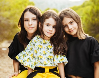 Yellow cotton blouse girls, shirt with lemon print, summer top for girls, white shirt with funny print for girls, shirt yellow little girls.