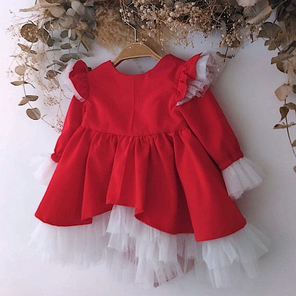 Newborn girls Christmas Dress, Red & Tartan party dress, Baby girls dress Santa Claus, Baby christmas set, 1st christmas dress.