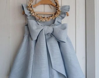 Blue Linen Baby Girl Dress, Sleeveless Boho Dress, Handmade Special Occasion Dress, Simple Flower Girl Outfit.
