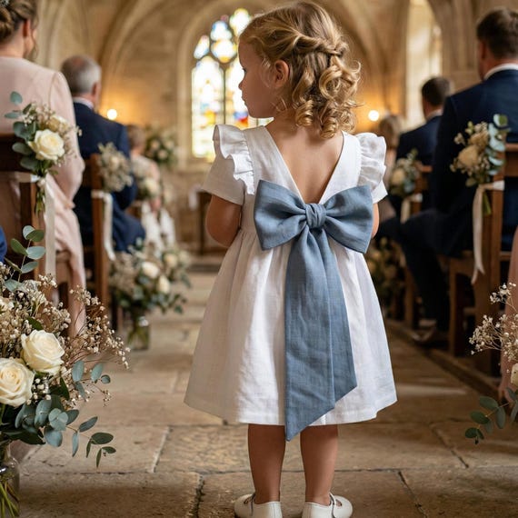 White Linen Flower Girl Dress With Blue Bow, Sleeveless Rustic Wedding Outfit, Something Blue Toddler Ceremony Dress