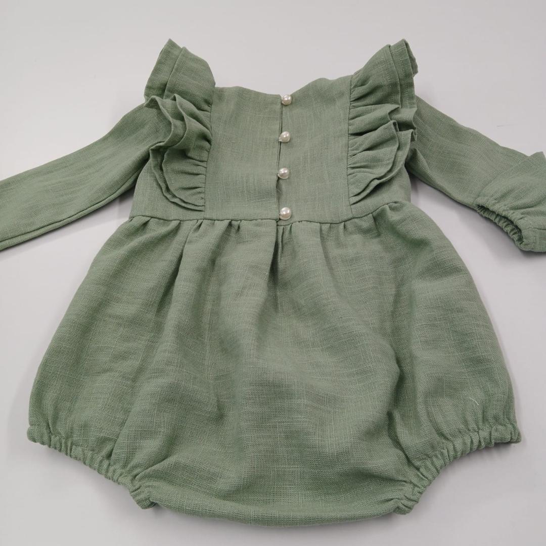 Moos green Long Sleeve Romper, Baptism Outfit Girl, Baby Girl Romper, Christening Outfit, Baby Girl Baptism Dress.