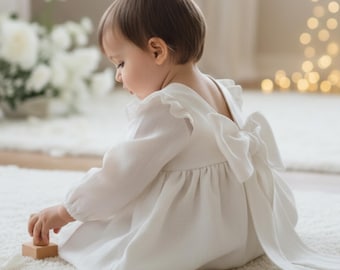 Flower girl dress white, boho 1st birthday, rustic flower girl dress, photoshoot dress, ivory flower girl dress linen.