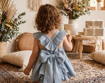 blue and brown toddler dress Dusty blue first birthday outfit girl, blue toddler dress Flower Girl  Dress, Baby girls boho dress, Rustic Flower baby Girl Dress
