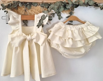 Beige linen flower girls dress, cream christening dress for girl and boy, baby girls ceremony dress, rustic ivory baby boy dress.