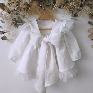 Robe de baptême en lin blanc, robe Bubble bébé fille, robe baptême baptême lin boho, Baby wedding romper, Cake smash boho tenue. image 9