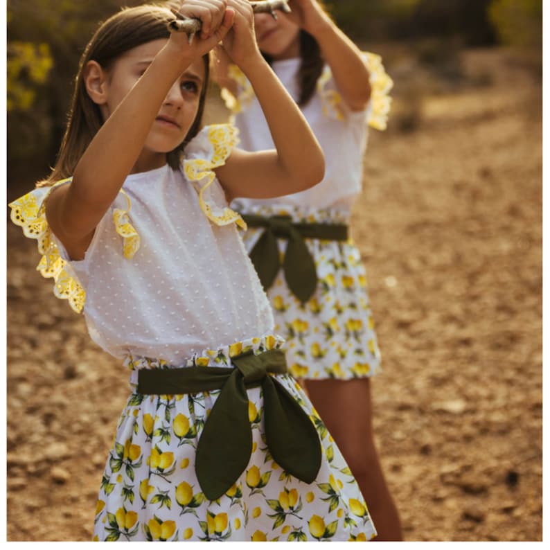 Short skirt for girl, Baby Girl's green skirt, cotton skirt with bow, elastic waist skirt with a nice lemon print and moss green bow girls image 10