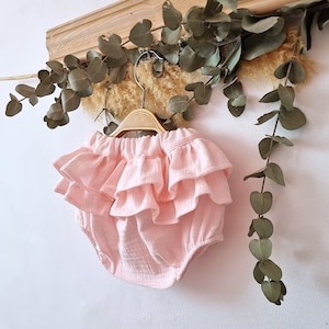 Pink ruffled diaper cover, baby girl muslin clothes, pink pinafore baby girls, pink spring baby girl bloomer, girls cotton diaper cover.